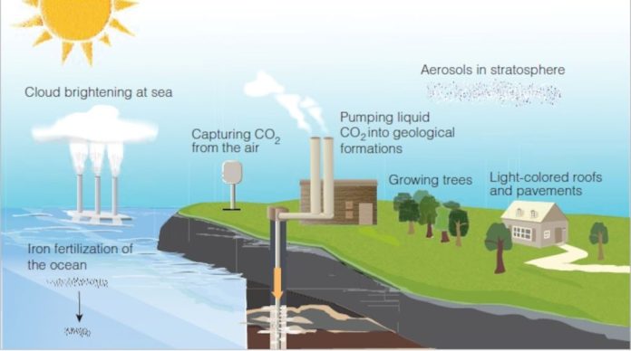 Illustration of solar geoengineering: aircraft releasing aerosols into the stratosphere to block sunlight and reduce global warming