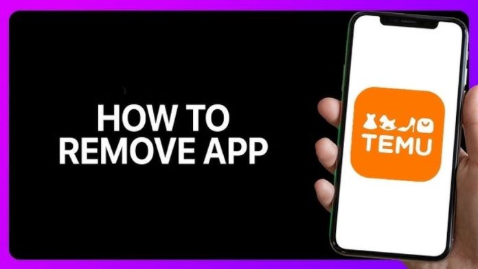 Smartphone screen showing Temu app being deleted with finger pressing remove button