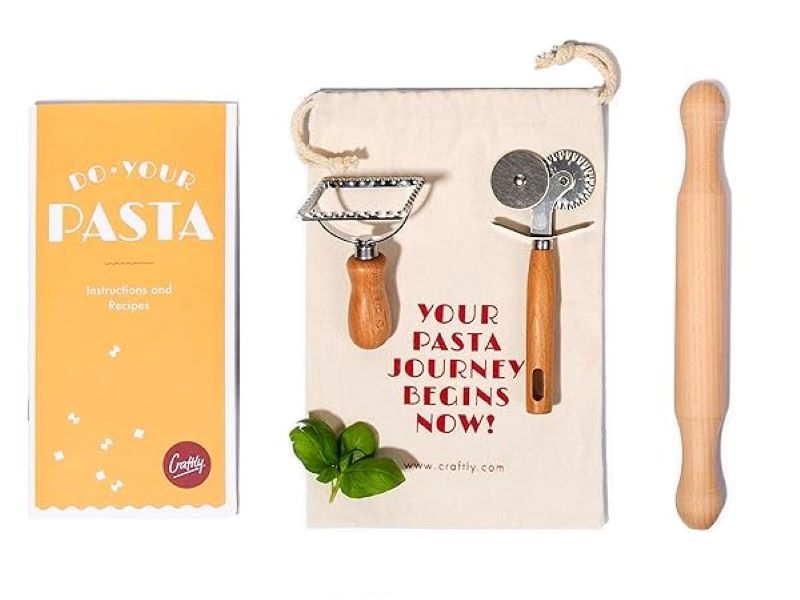 DIY pasta making kit with ingredients and tools for fresh pasta