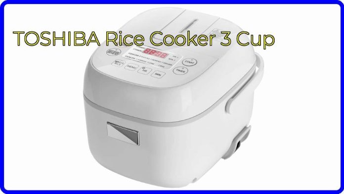 Compact Toshiba 3-cup rice cooker on modern kitchen counter with steaming rice