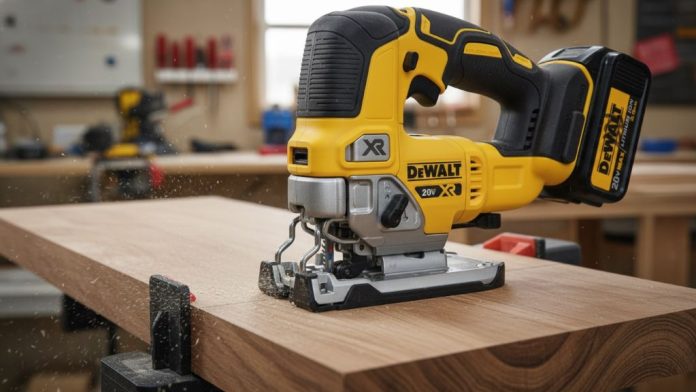 DEWALT 20V MAX Jig Saw cutting through hardwood with clean precision