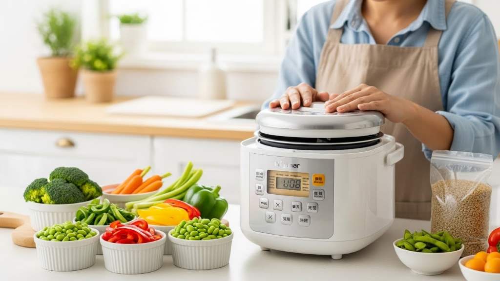 Person using beginner-friendly rice cooker to prepare healthy meal with vegetables
