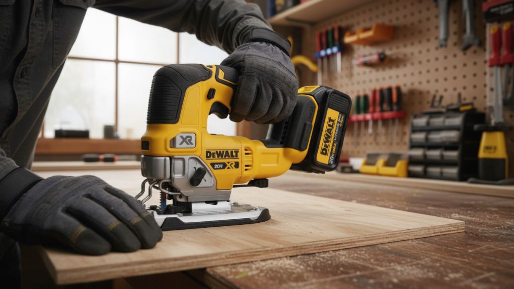 User holding DEWALT 20V MAX Jig Saw in a workshop for portable cutting tasks