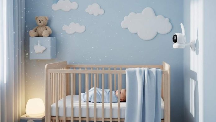 A peaceful nursery with a non-WiFi baby monitor camera mounted safely on the wall, showing a clear view of a sleeping baby in a crib