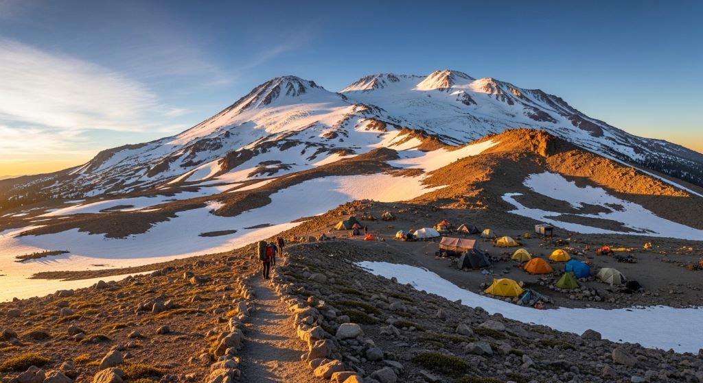 Panoramic view of Mount Shasta's Avalanche Gulch route showing approach trail and base camp location for beginner mountaineers