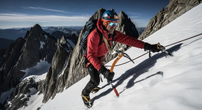 Mountaineer ascending snowy slope with ice axe and crampons on California peak during summer climbing season