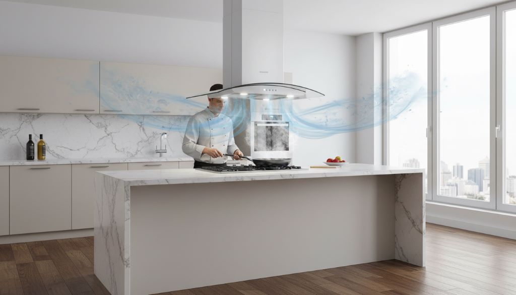 Illustration of air flow in a kitchen with an island range hood, demonstrating CFM capture of smoke and odors from cooking