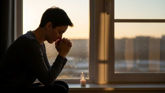 Person praying peacefully by window with hands clasped seeking comfort after relationship breakup