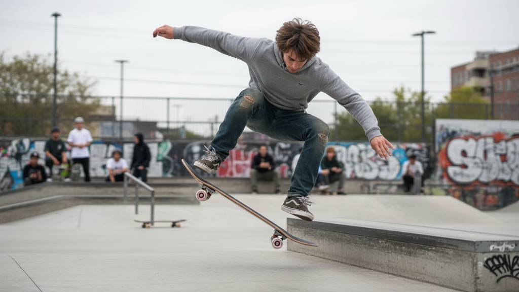 Skater performing ollie with pro skateboard setup featuring branded components in urban park