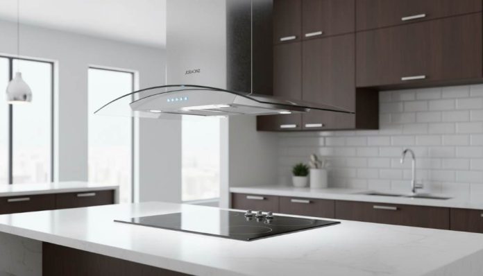 Sleek stainless steel JOEAONZ 30 inch island range hood hanging over a modern kitchen cooktop with bright LED lights illuminating the surface