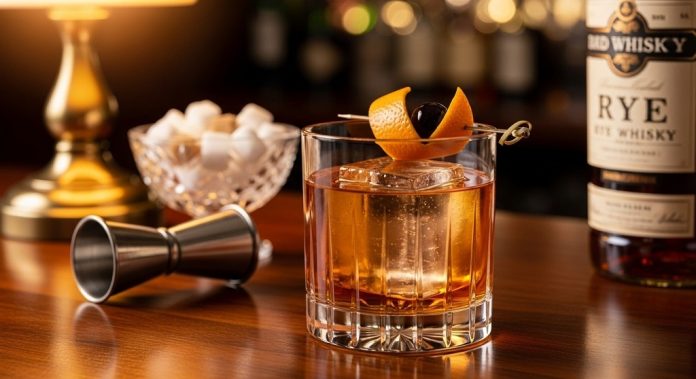 Classic Old Fashioned cocktail in a rocks glass with orange peel