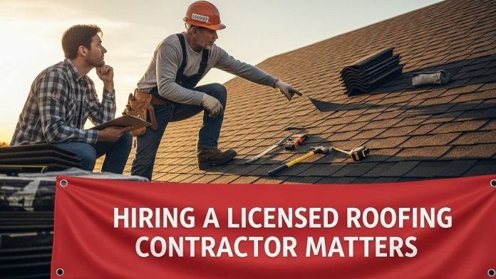 Licensed roofing contractor inspecting roof installation