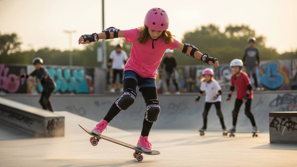 Young skater in knee, elbow, and wrist pads demonstrating durable safety gear in action