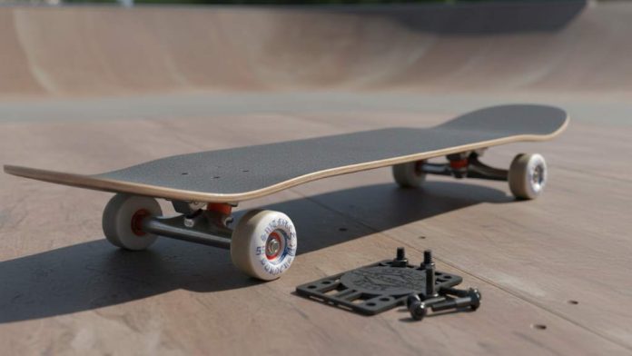 assembled pro skateboard with Independent trucks, Spitfire wheels, and Bones Reds bearings on concrete surface