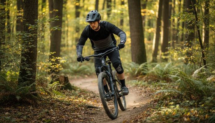 Cyclist wearing black BATFOX mountain bike helmet with detachable visor on forested trail