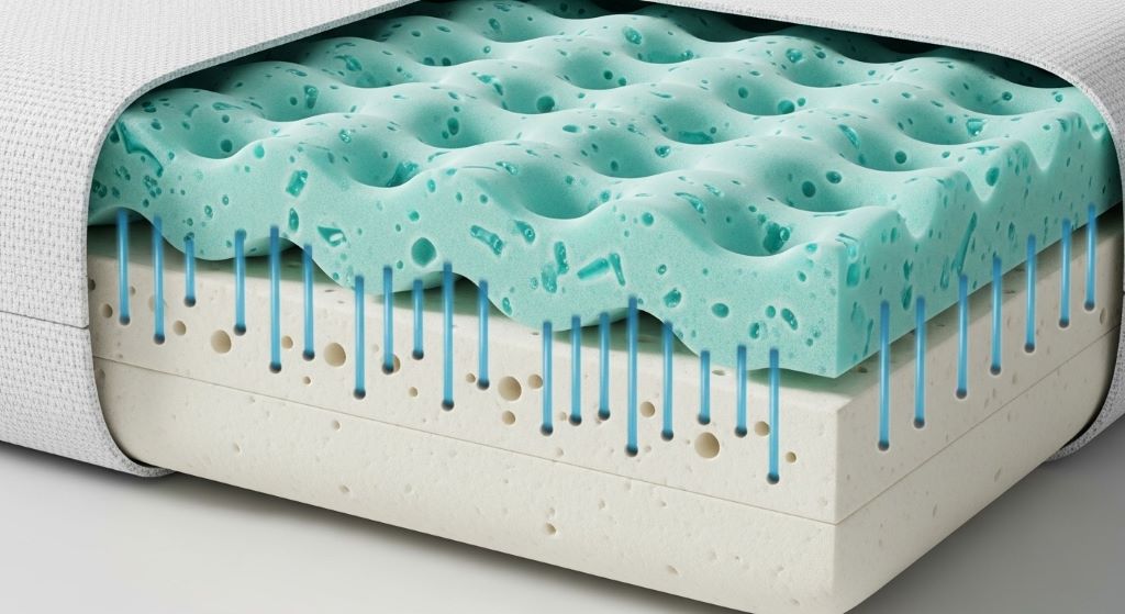 Cross-section of cooling sleep pillow showing gel-infused foam and ventilation holes for improved breathability
