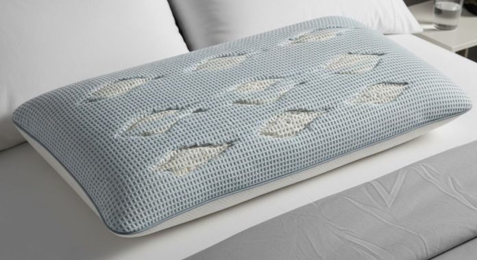 Ventilated cooling pillow with breathable mesh cover and airflow channels for temperature regulation during sleep