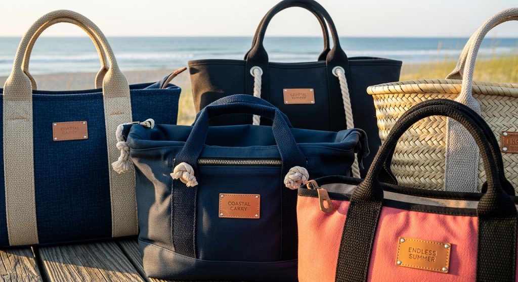 waterproof beach tote bag with multiple compartments and zipper closure