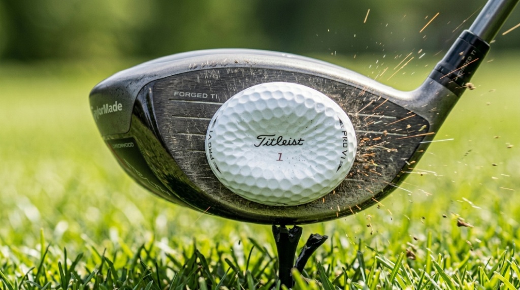 Macro close-up of a golf ball compressing against a driver clubface during a high-velocity tee shot.