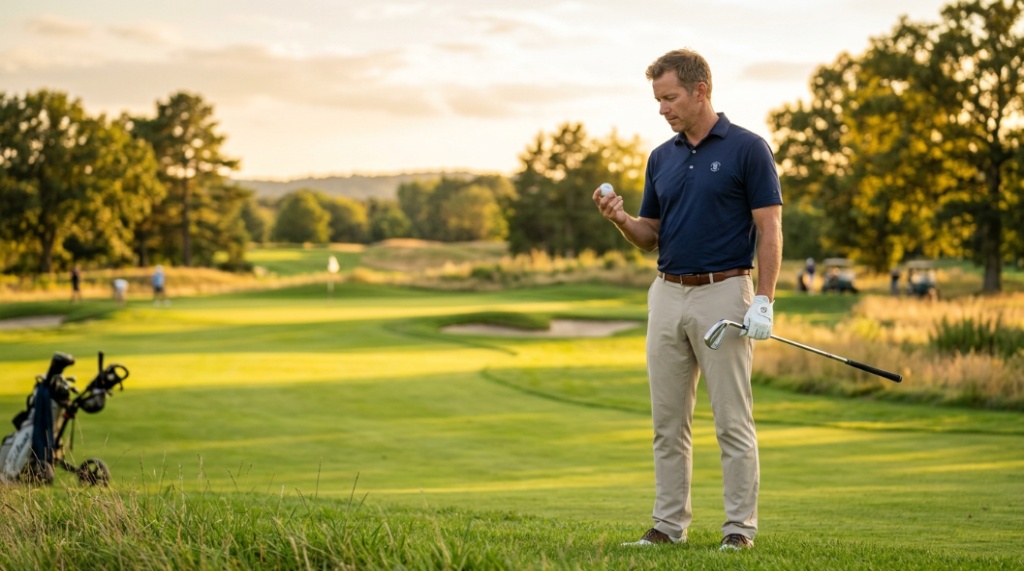 A mid-handicap golfer evaluating a golf ball on a green fairway to choose the right compression for their game.