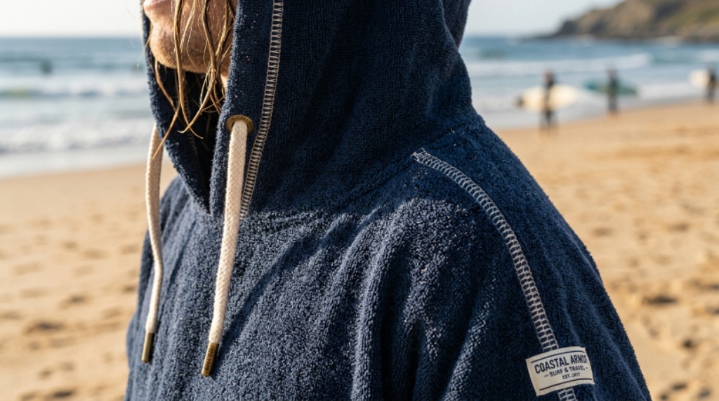Close-up of durable beachwear stitching and hood detail on a premium surf poncho