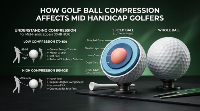 Infographic showing golf ball core layers with the title How Golf Ball Compression Affects Mid Handicap Golfers.