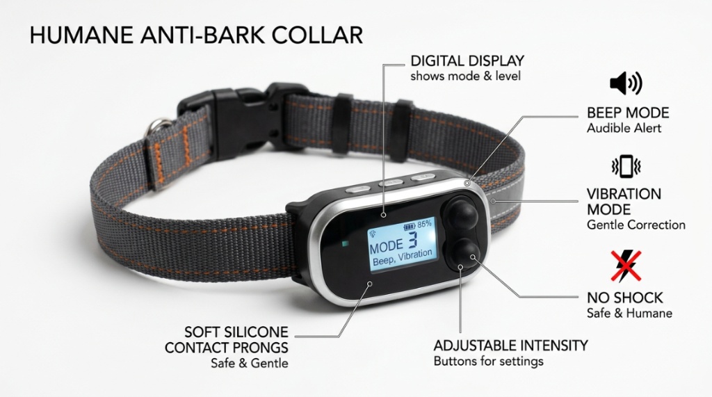 Close up of a safe dog anti bark collar with vibration and beep settings.