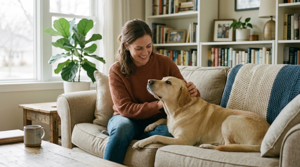 Relaxed labrador retriever sitting quietly next to its owner on a couch.