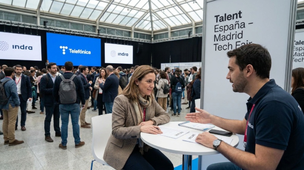 A professional woman reviewing her resume at a career booth during a technology job fair in Madrid