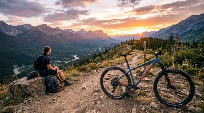 Cyclist resting next to a recreational mountain bike on a mountain trail at sunset.