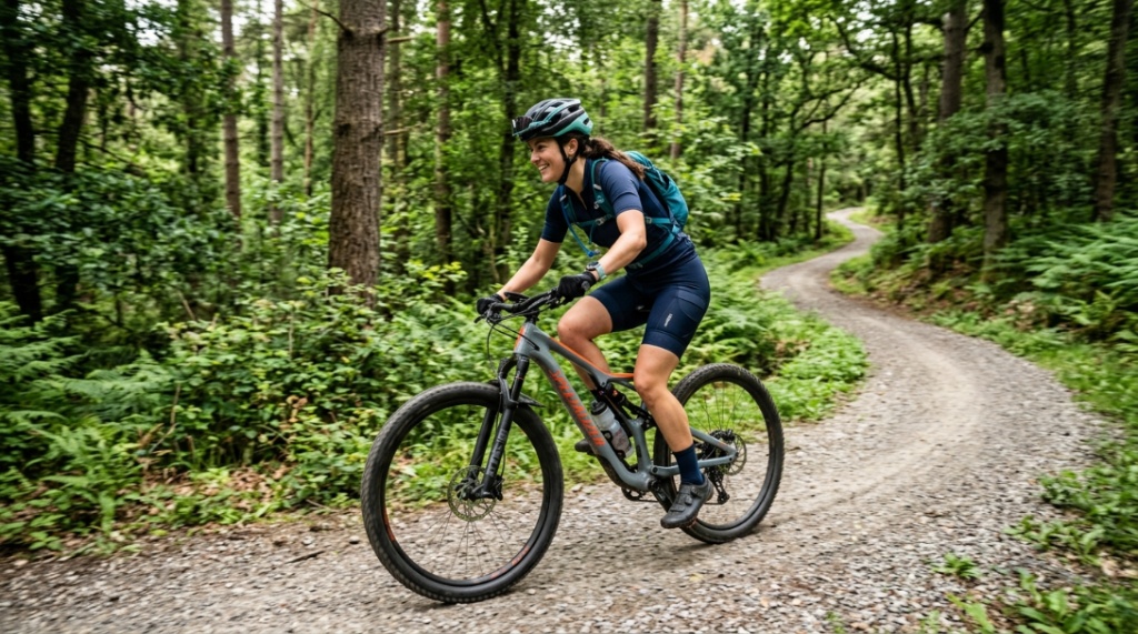 Person riding a recreational mountain bike on a smooth gravel forest trail.