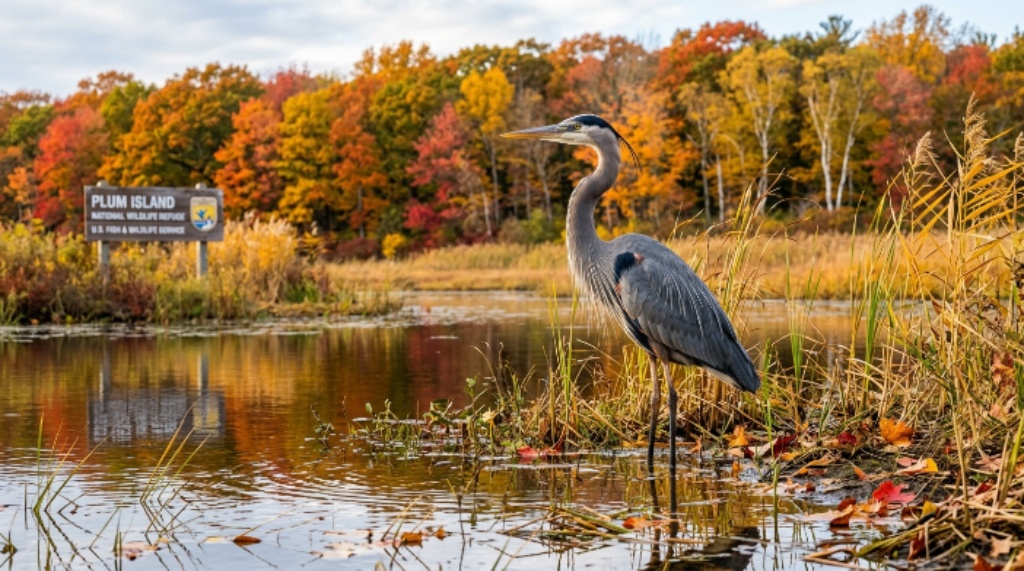 A great blue heron standing in a wetland at a US national wildlife refuge surrounded by autumn foliage during October 2026