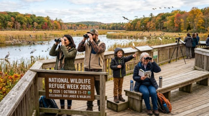 A family birdwatching from a wooden observation deck at a national wildlife refuge during National Wildlife Refuge Week 2026 in October