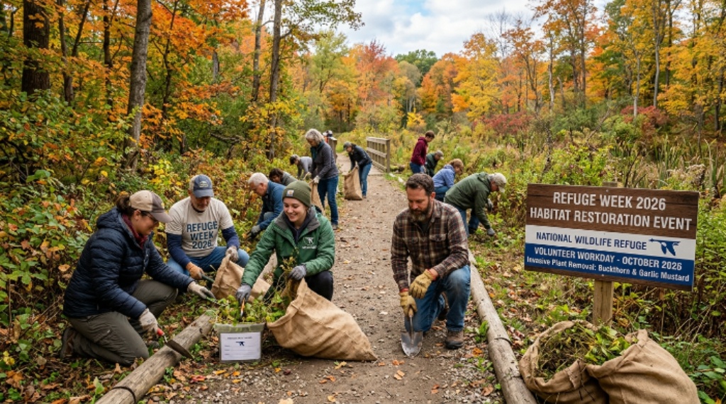 Volunteers removing invasive plants along a nature trail at a national wildlife refuge during a Refuge Week habitat restoration event in October 2026