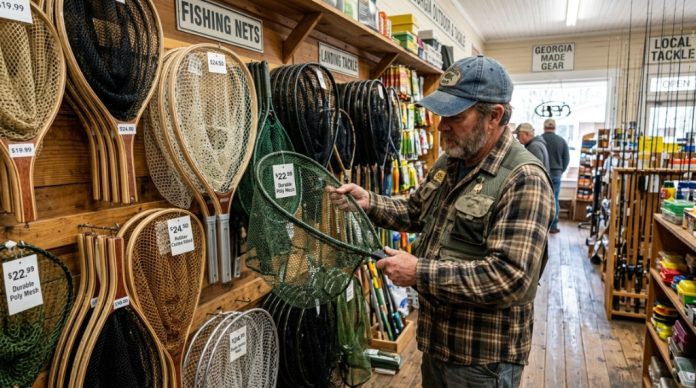 Fisherman examining affordable fishing nets displayed in an outdoor gear shop in Georgia.