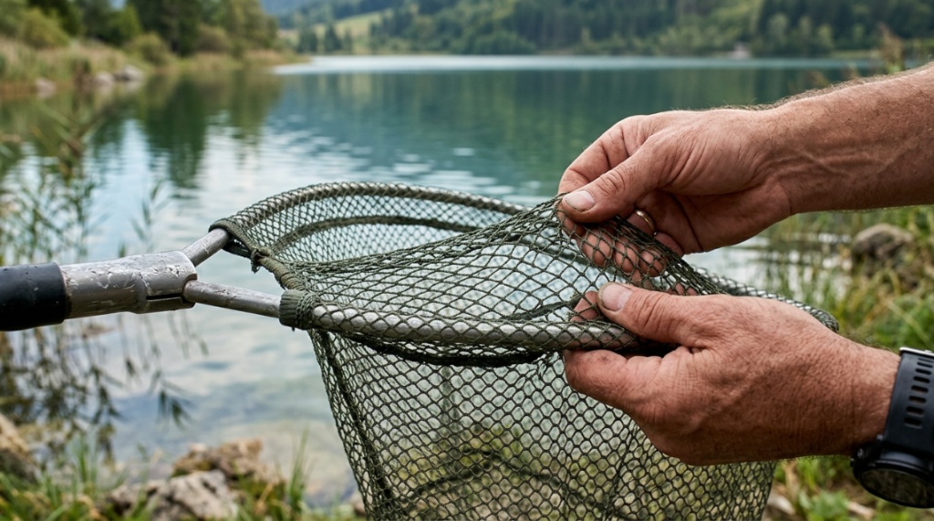 Angler holding a cost-effective fishing net on a scenic riverbank in Georgia.
