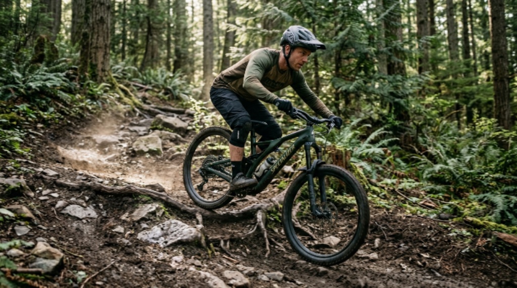Rider improving mountain biking skills on a challenging trail