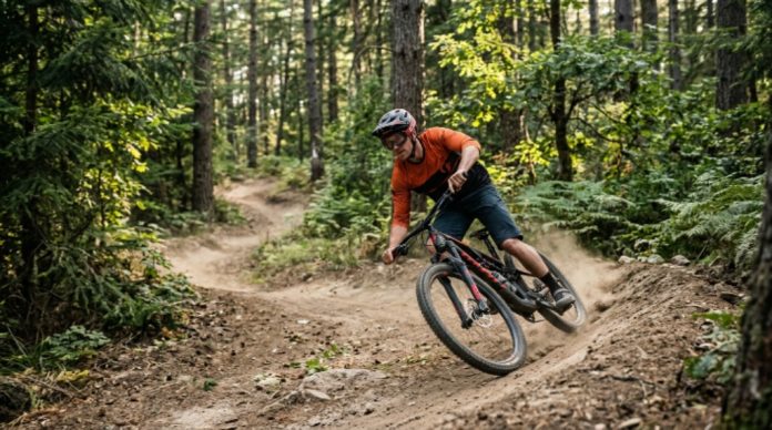Mountain biker practicing braking and cornering skills on a trail