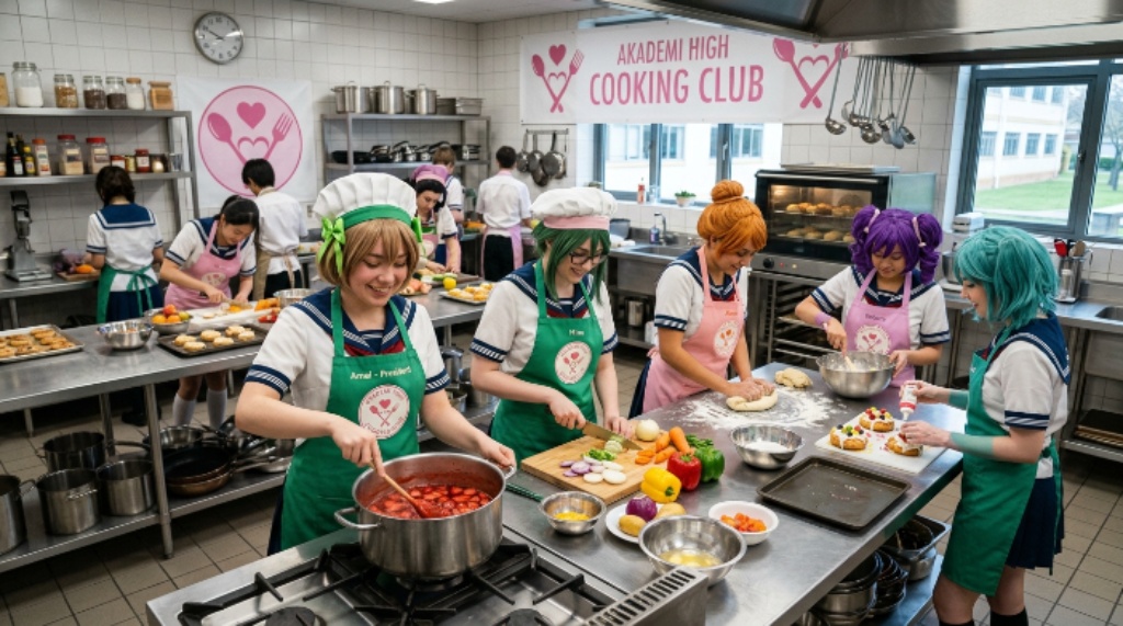 Cooking Club members preparing food in the Yandere Simulator school kitchen