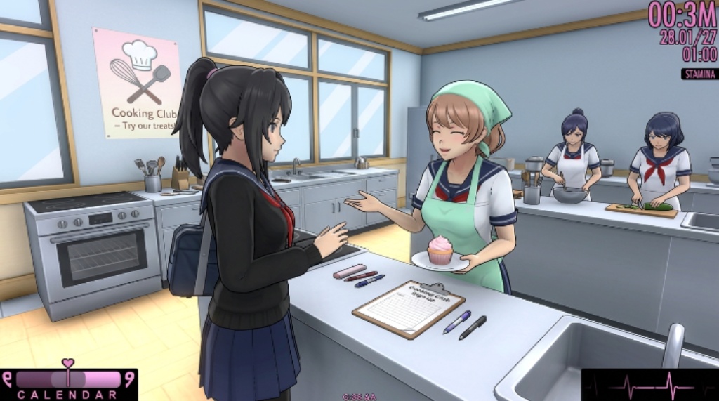 Player interacting with the Cooking Club to join in Yandere Simulator