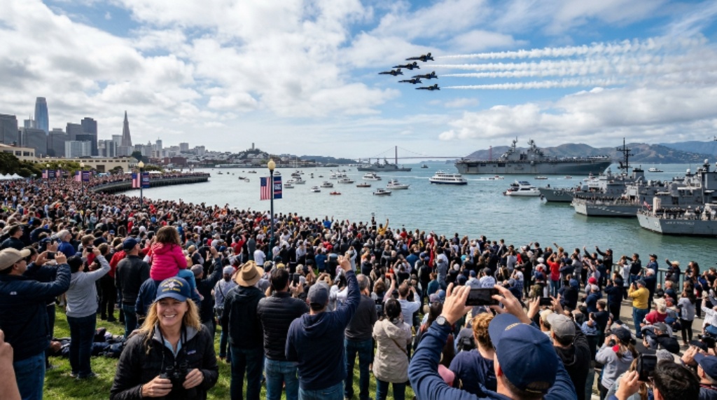 Crowds watching the Fleet Week air show from the waterfront