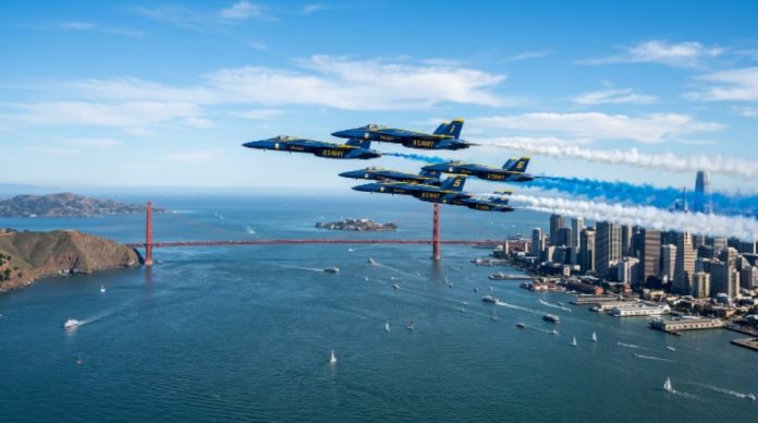Blue Angels jets flying in formation over San Francisco Bay