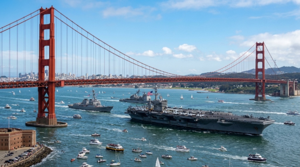 Navy ships passing under the Golden Gate Bridge during Fleet Week