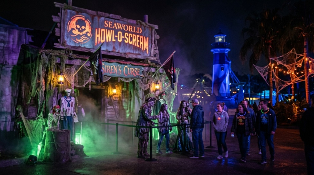 Haunted house scene at SeaWorld Howl-O-Scream nighttime event