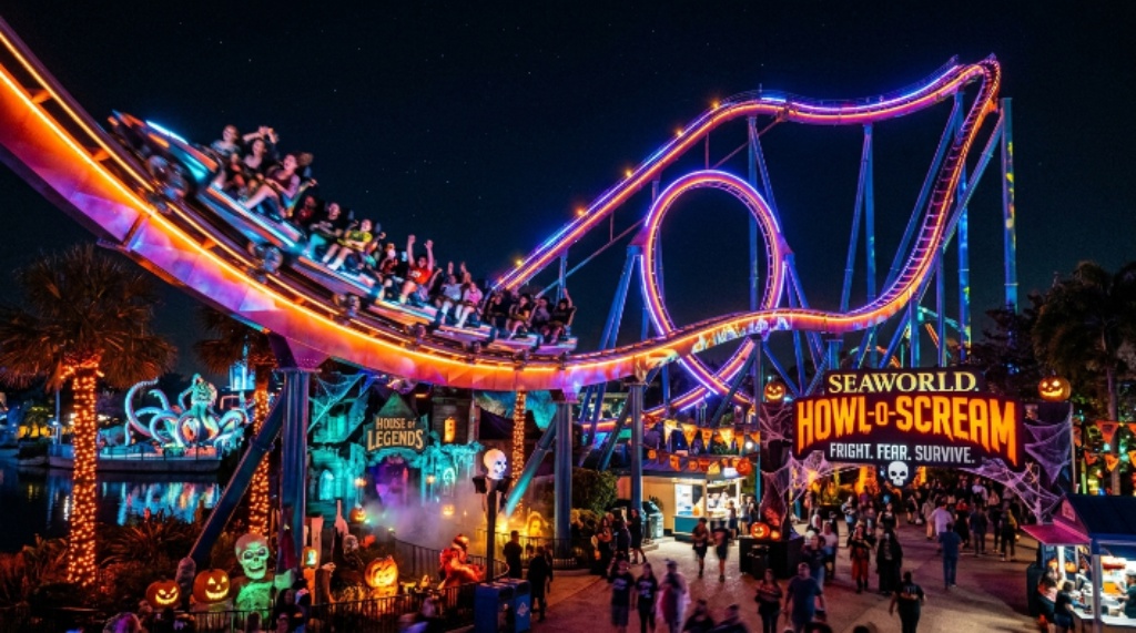 Roller coaster lit up at night during SeaWorld Howl-O-Scream