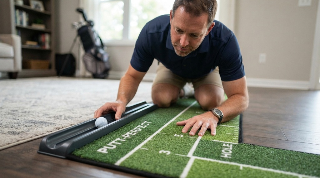 Man examining the alignment lines on a golf putting mat.