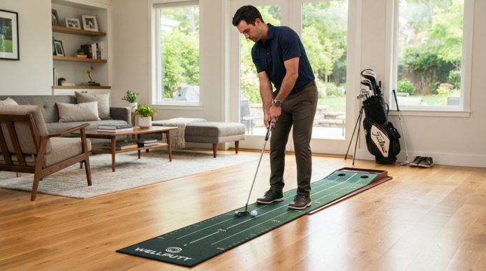 Man practicing a golf putt on an indoor putting mat.