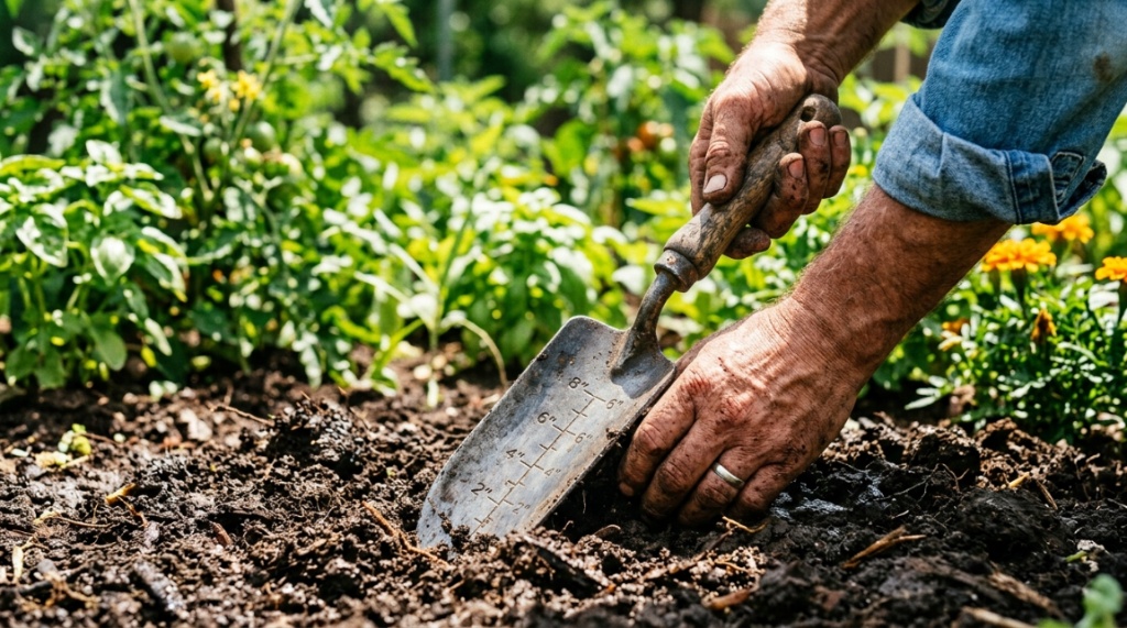 : Various garden transplanter tools displayed on a rustic wooden bench.