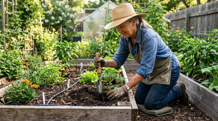 Gardener holding a metal transplanter tool over rich Texas soil.