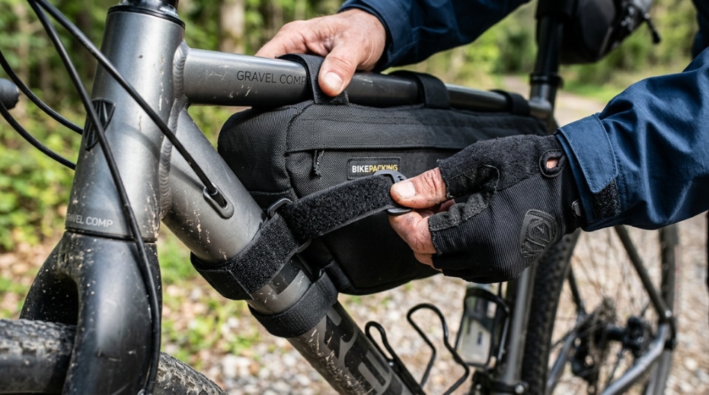 Close-up of hands securing Velcro straps around a bicycle frame tube.